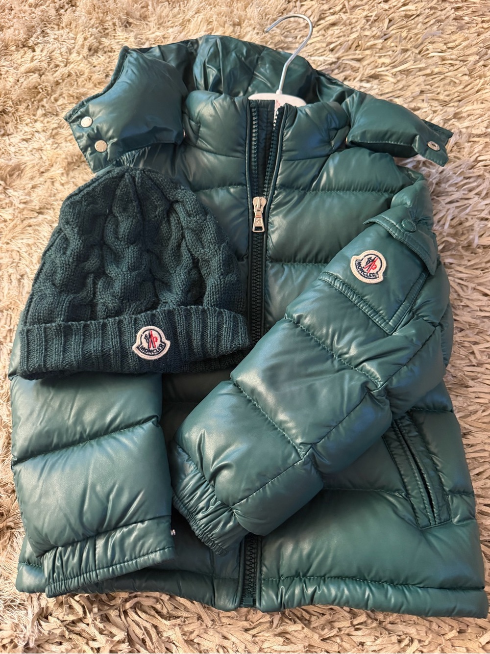 Moncler Kids Teal Green Puffer Jacket with Knit Beanie SIZE 4